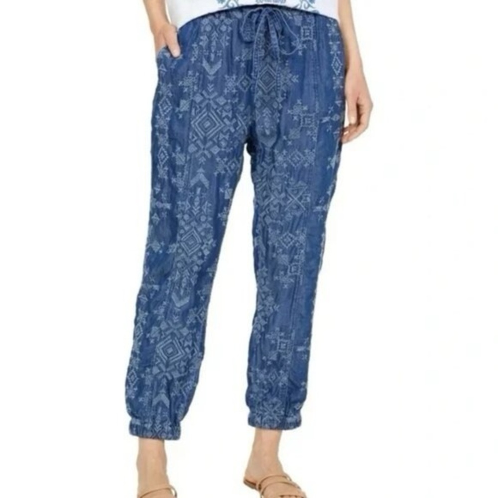 Johnny Was/Pete Greta Jogger Pants Medium Chambray Cargo Embroidered Blue